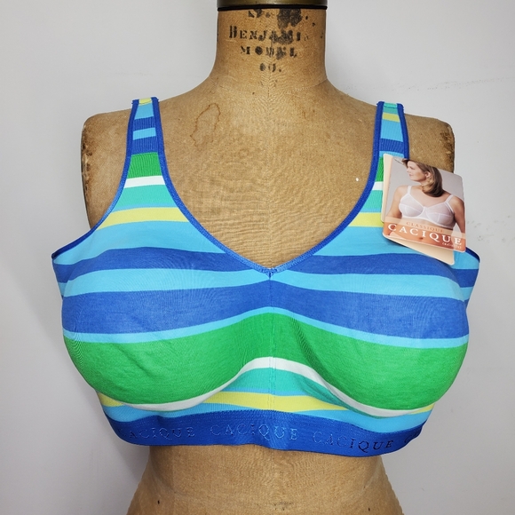 Cacique 42DDD NEW Bra Wire-free Sports Soft Comfort Support Cotton Blue Stripes - Picture 1 of 8